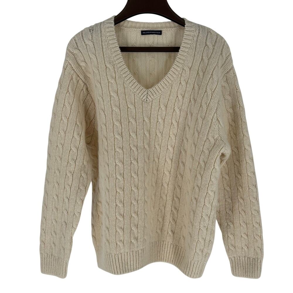 Brandy Melville Oversized Ivory V-Neck Cable Knit Wool Sweater Women's One Size